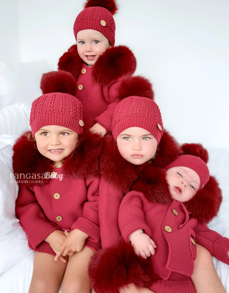 Dark Red Knit Natural Fur Cardigan