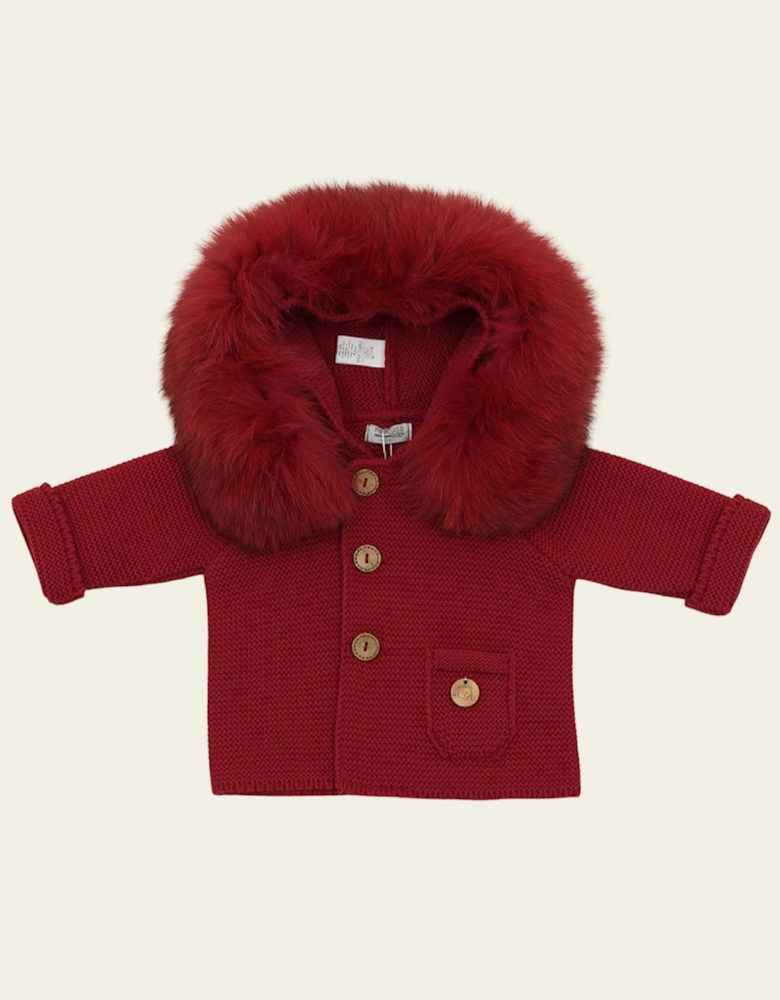 Dark Red Knit Natural Fur Cardigan