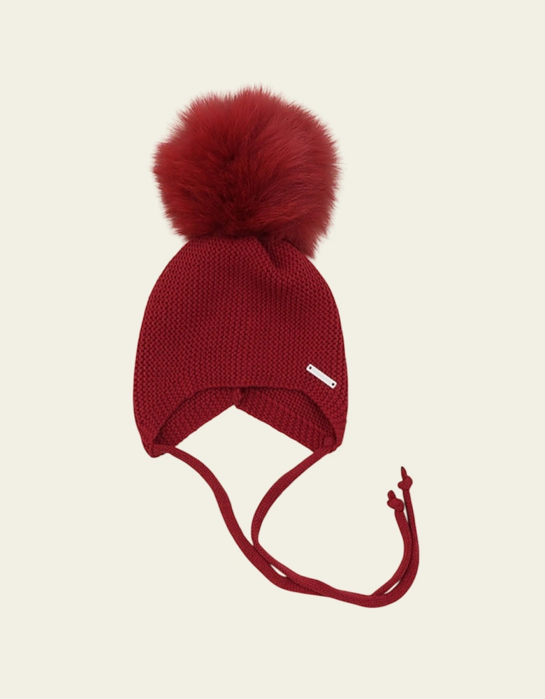Dark Red Knit Natural Fur Tie Hat