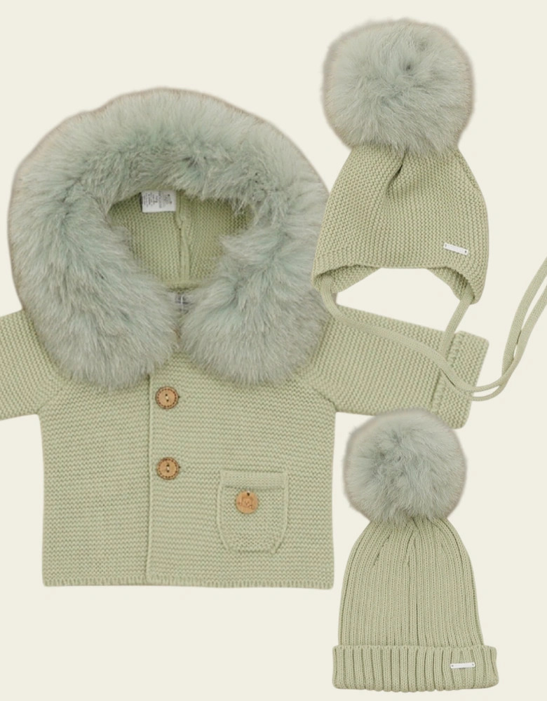 Leaf Green Knit Natural Fur Tie Hat