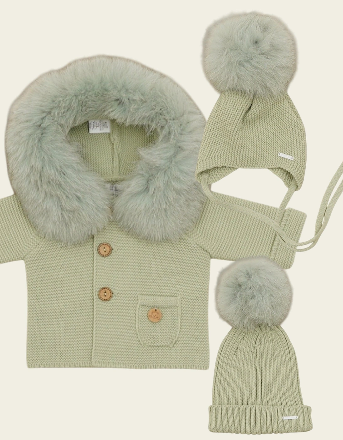 Leaf Green Knit Natural Fur Tie Hat
