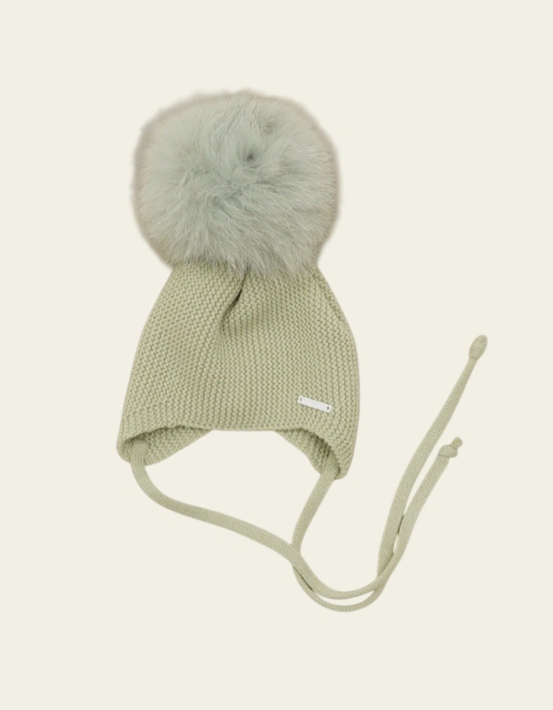 Leaf Green Knit Natural Fur Tie Hat