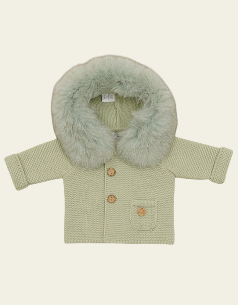 Leaf Green Knit Natural Fur Cardigan