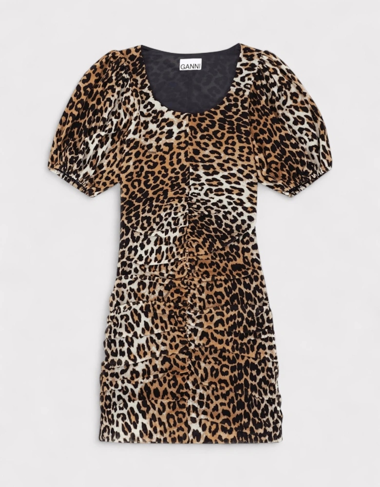 Ruched Mesh Mini Dress Leopard Print