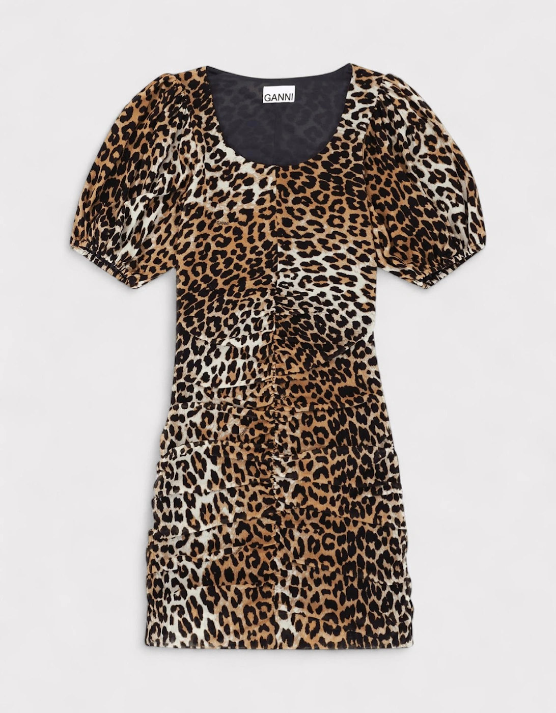 Ganni Women's GANNI Ruched Mesh Mini Dress Leopard Print