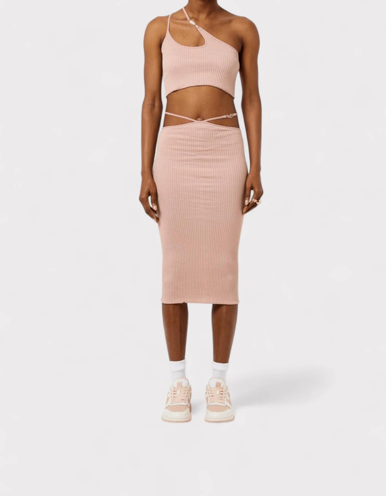 Ribbed Staggered Midi Skirt Pink