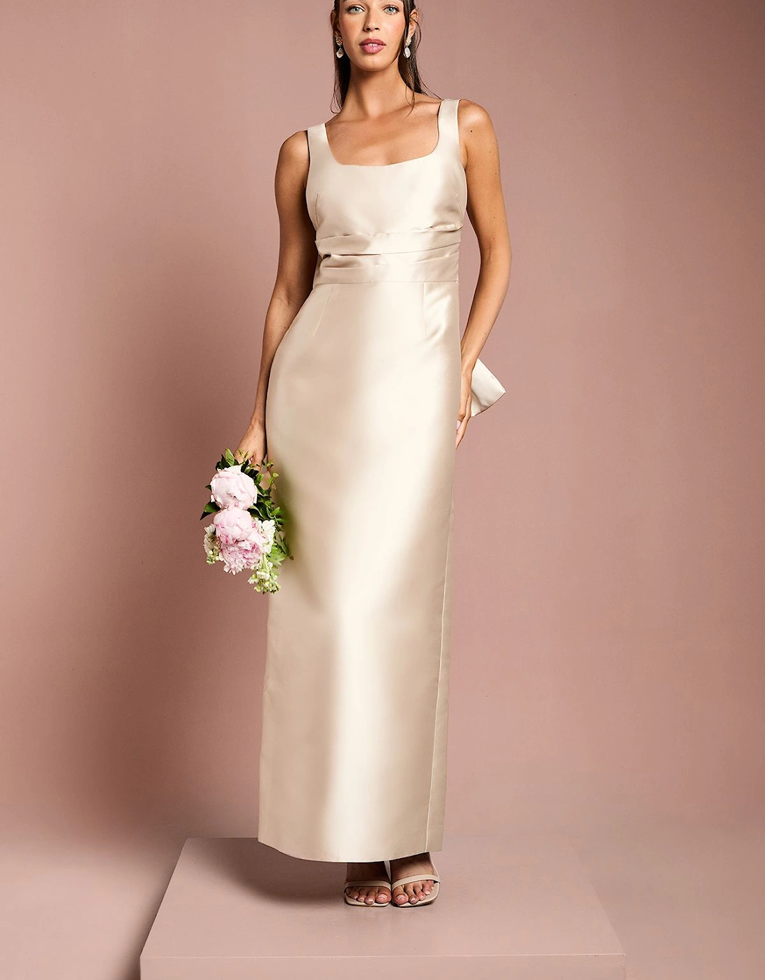 Twill Sleeveless Column Bridesmaid Dress with Statement Bow Back, 2 of 1
