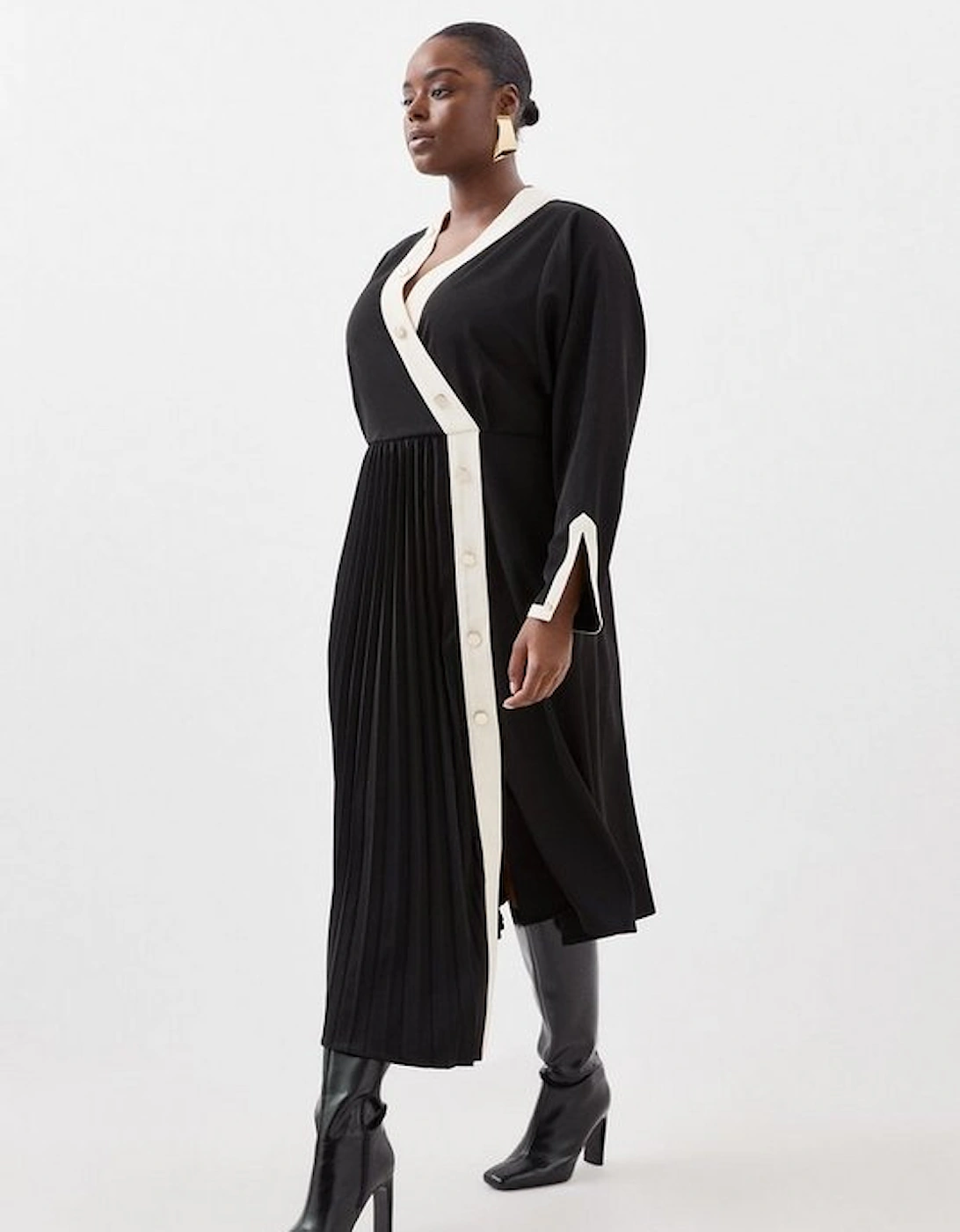 Plus Size  Twill Pleated Woven Midi Dress