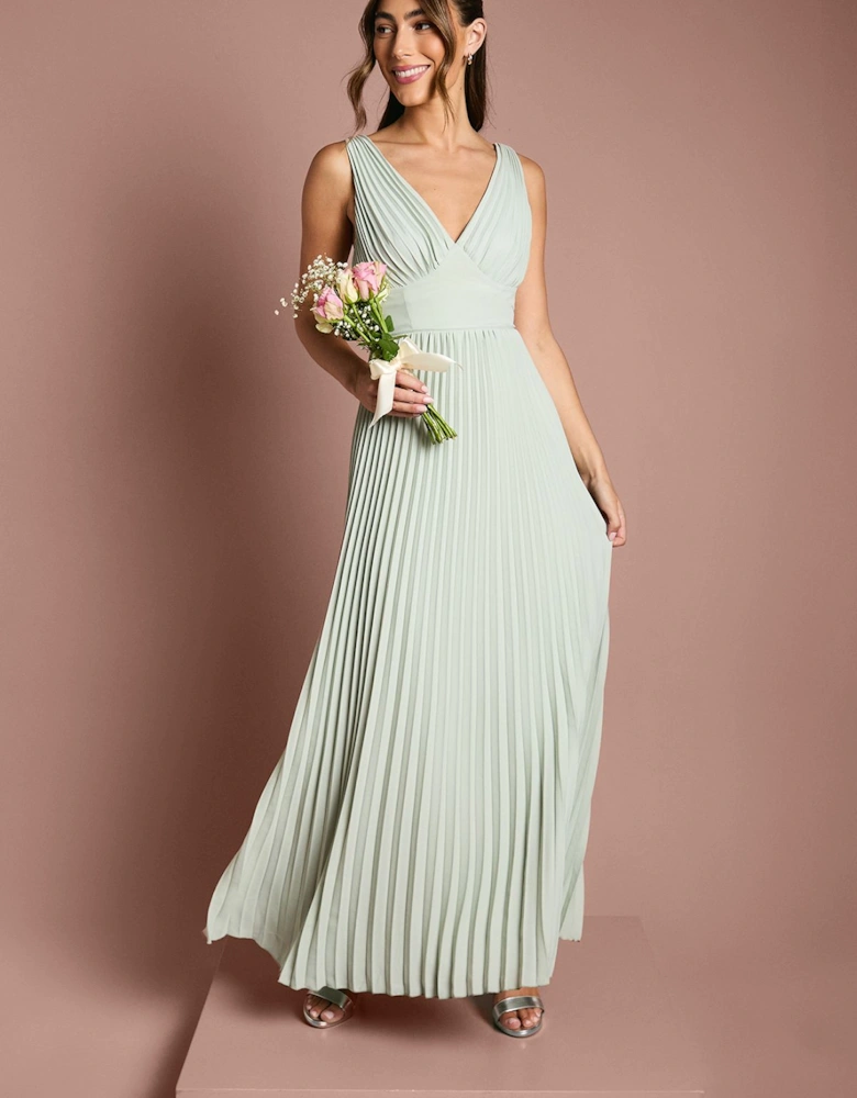 Pleated Plunge Neck Midi Dress