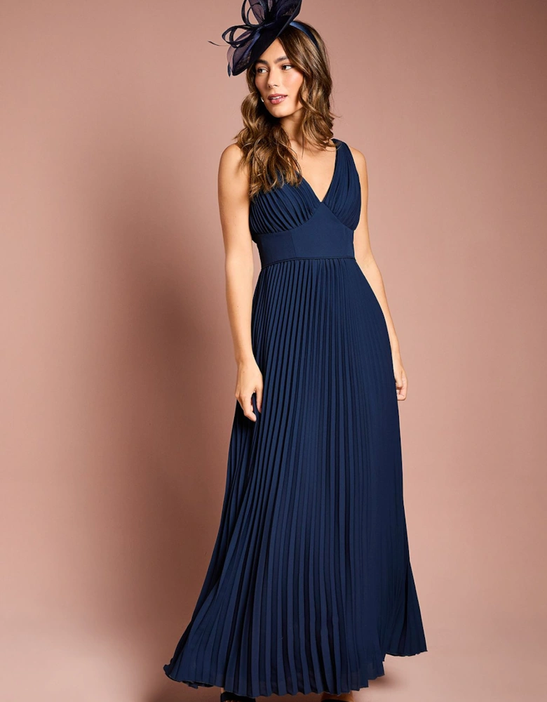 Pleated Plunge Neck Midi Dress
