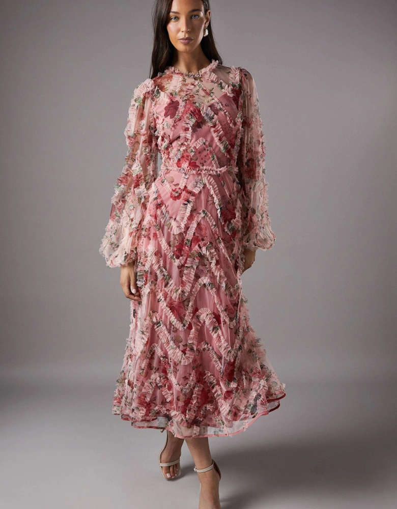 Long Sleeve Applique Floral Midi Dress