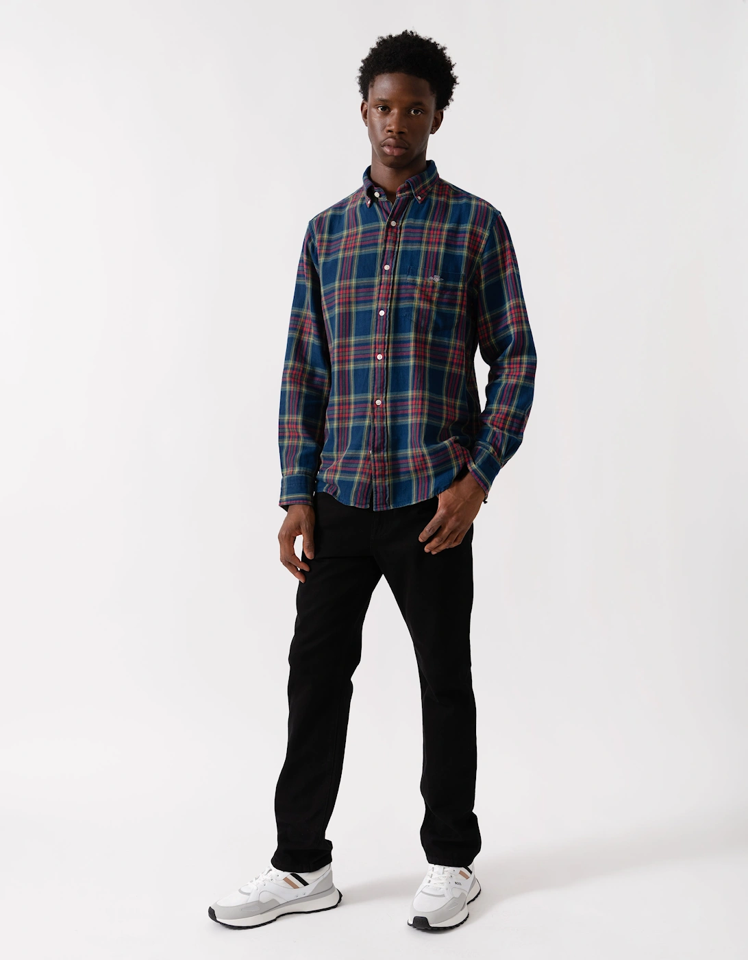 Mens Long Sleeve Indigo Twill Check Shirt - 969 Indigo