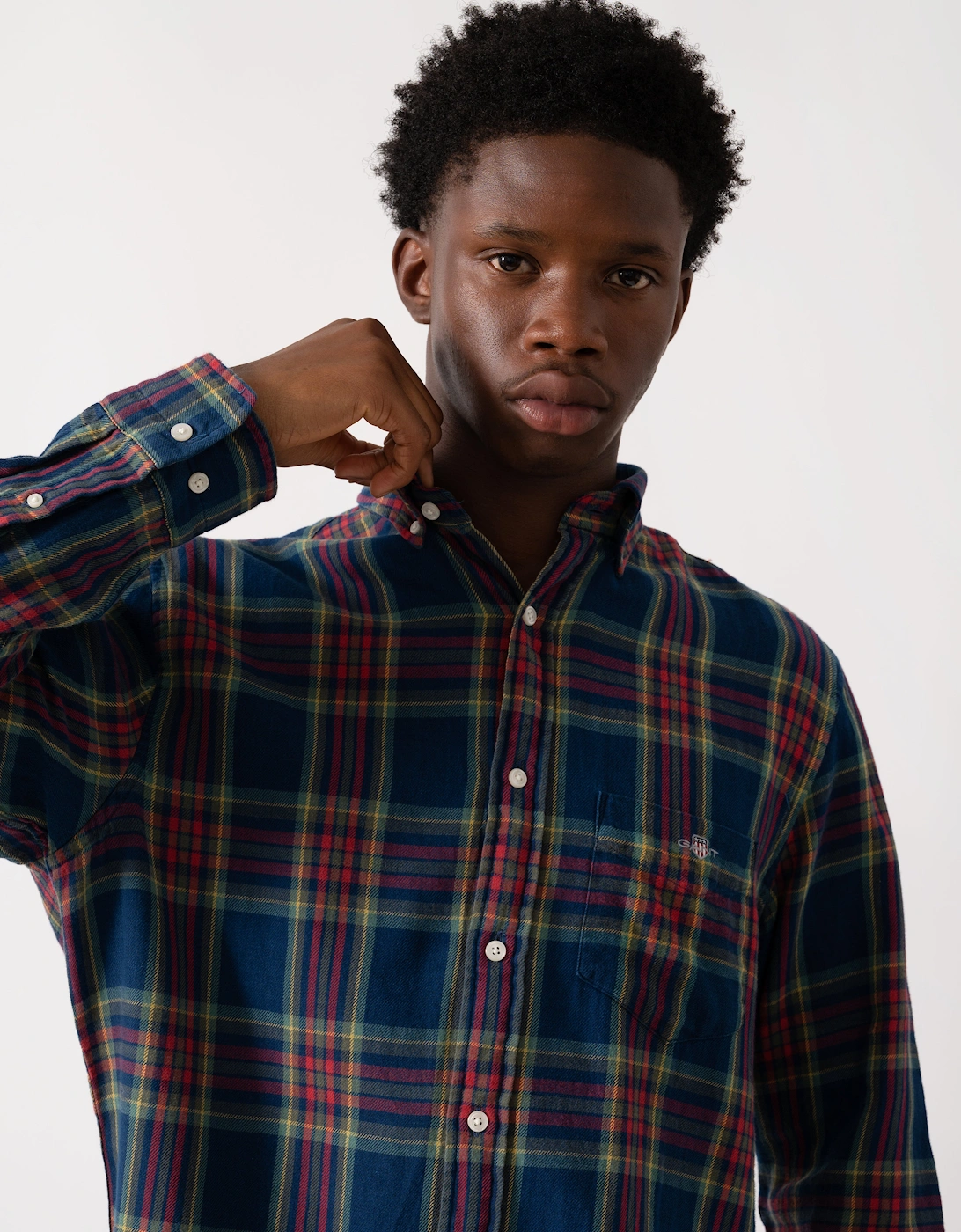 Mens Long Sleeve Indigo Twill Check Shirt - 969 Indigo