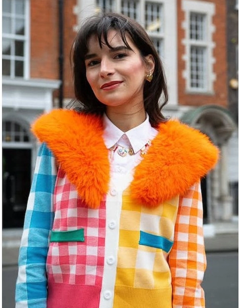 Cashmere Gingham Banana Peel Faux Fur Cardigan