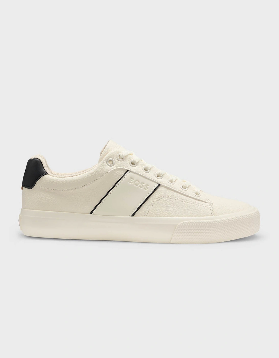 Men's BOSS Orange Aiden Tenn Mens Faux-Leather Trainers with Plain and Grained Textures  - Natural 101 - White - Size: 9