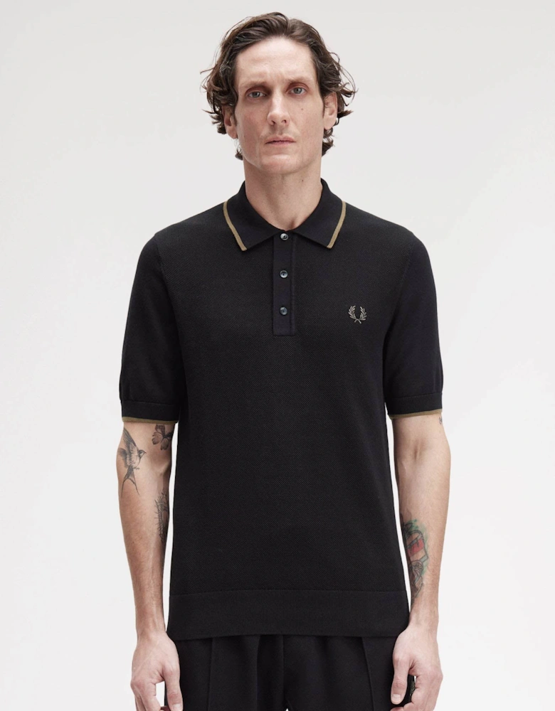 Mens Pique Stitch Knitted Polo Shirt - Black 102