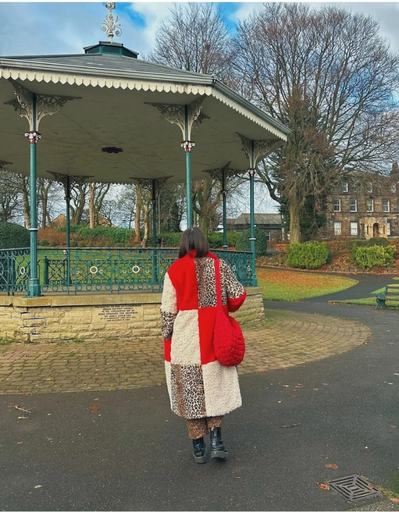 Maxi Checkered Leopard Print and Shearling Faux Fur Coat