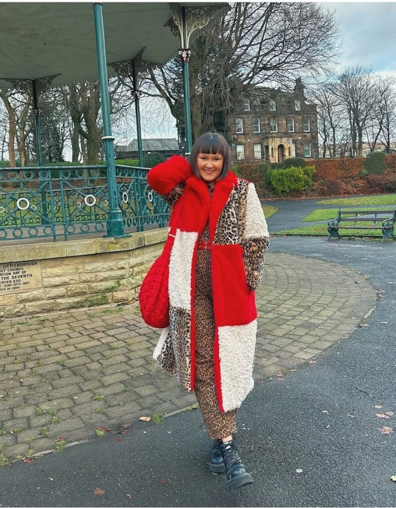 Maxi Checkered Leopard Print and Shearling Faux Fur Coat