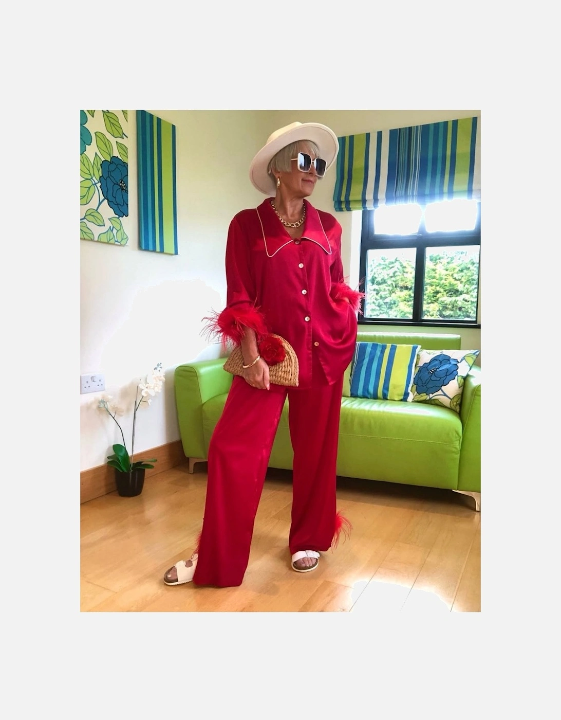 Red Silk Pyjamas With Feather Trim, 6 of 5