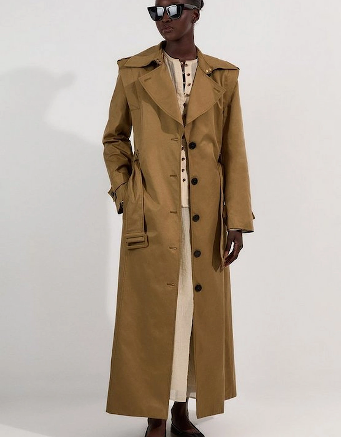 Strong Shoulder Belted Maxi Trench Coat