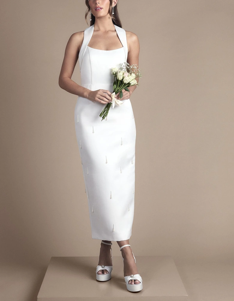 Beaded Strapless Column Wedding Dress With Bow Detail Cape