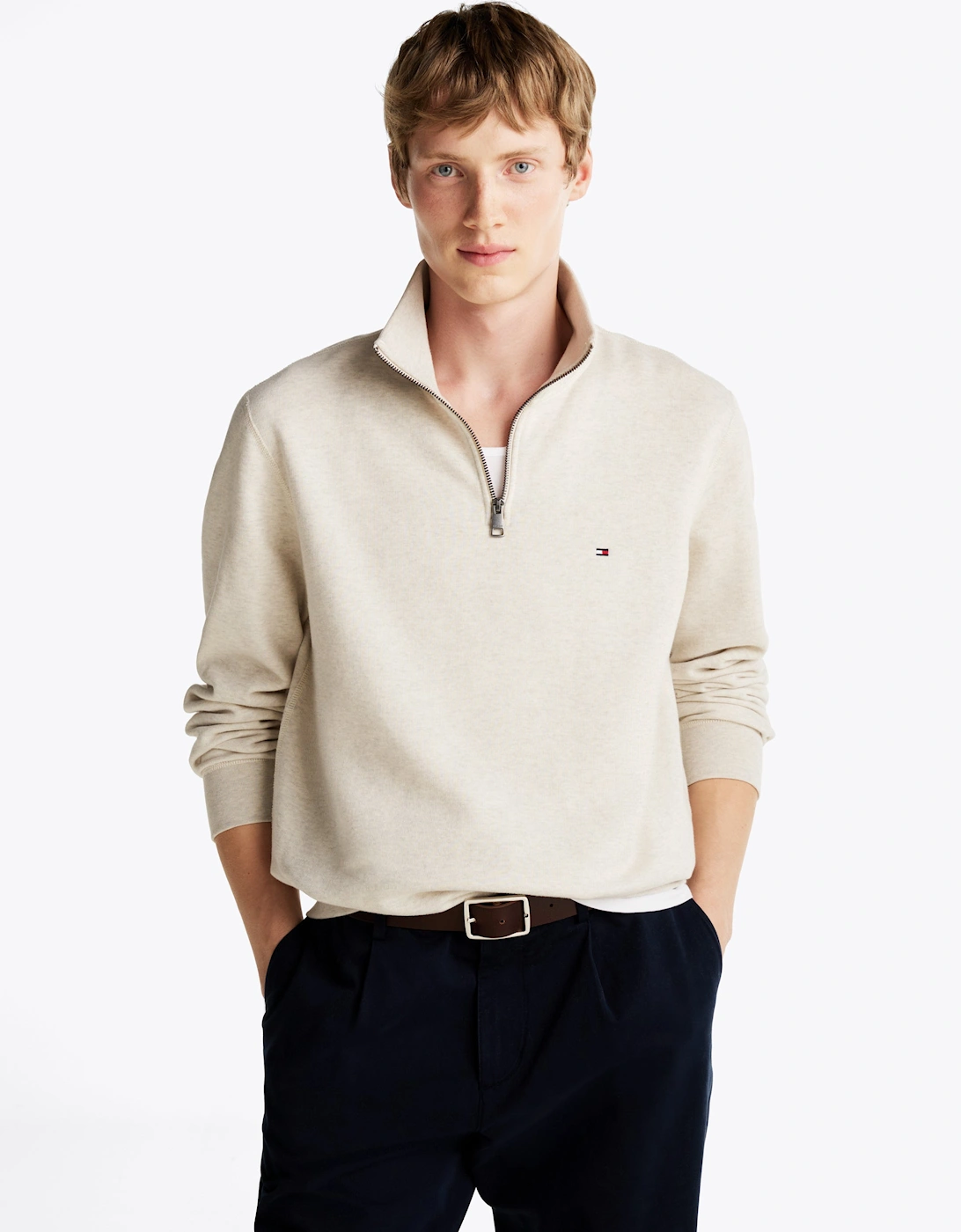 Men's Tommy Hilfiger Essential Fleece Mens Half Zip Sweatshirt - Heathered Oatmilk - Tan - Size: 42