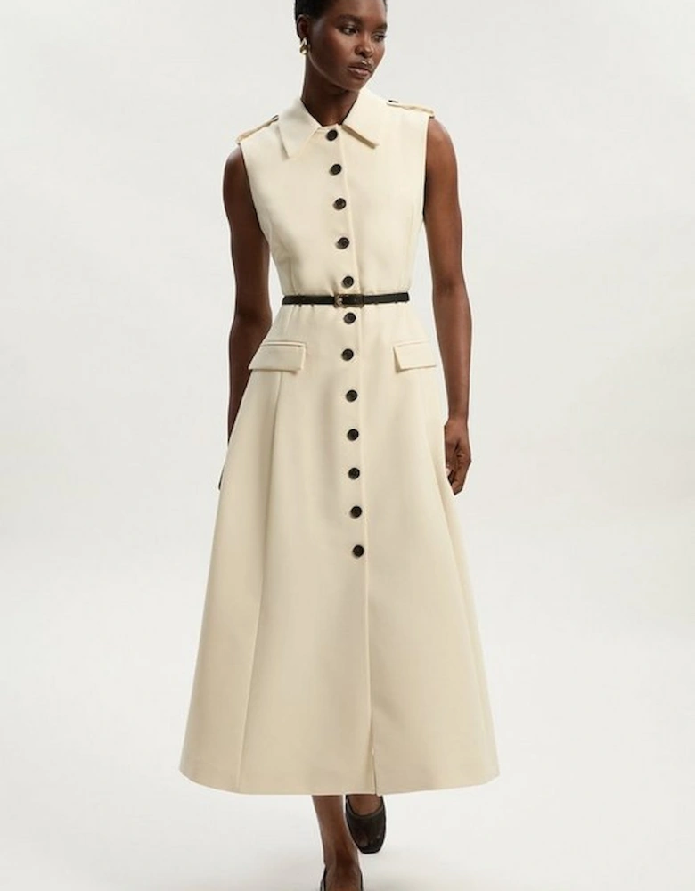 Tailored Crepe Sleeveless Button Front Tailored Shirt Midi Dress