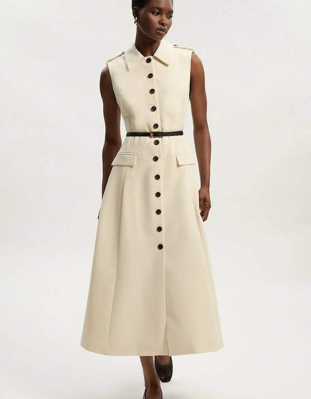 Tailored Crepe Sleeveless Button Front Tailored Shirt Midi Dress, 4 of 3