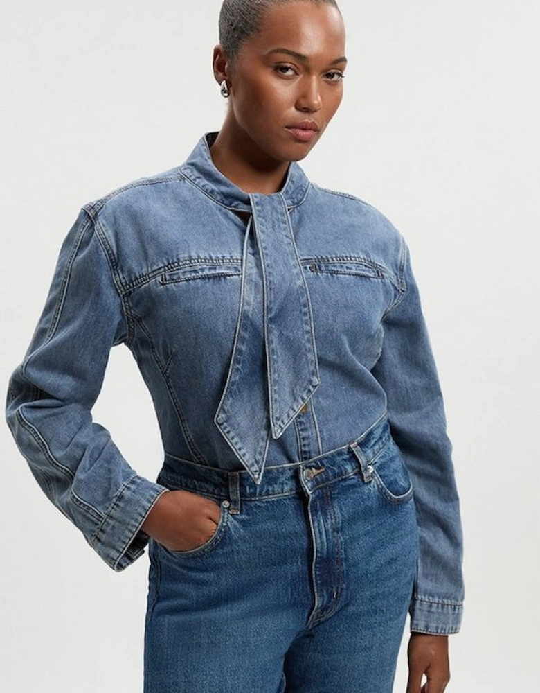 Plus Size Denim Pussy Bow Blouse