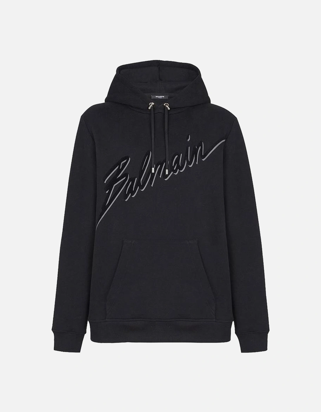 Balmain Men's Black Flocked Script Logo Hoodie In  38 M
