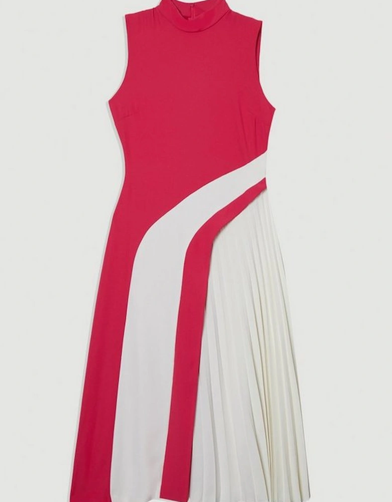 Fluid Tailored Colourblock High Neck Pleated Midi Dress