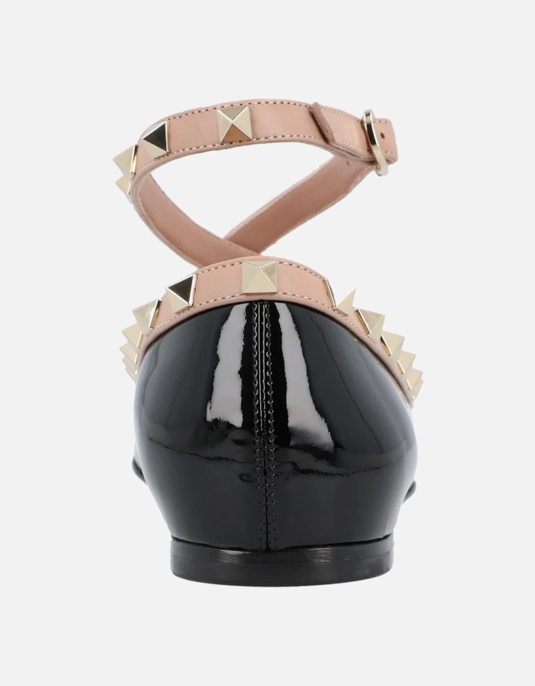 Elegant Studded Ballet Flats with Ankle Strap and Bow Accent