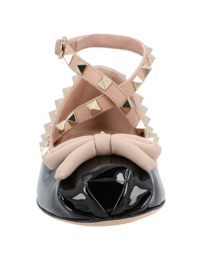 Elegant Studded Ballet Flats with Ankle Strap and Bow Accent
