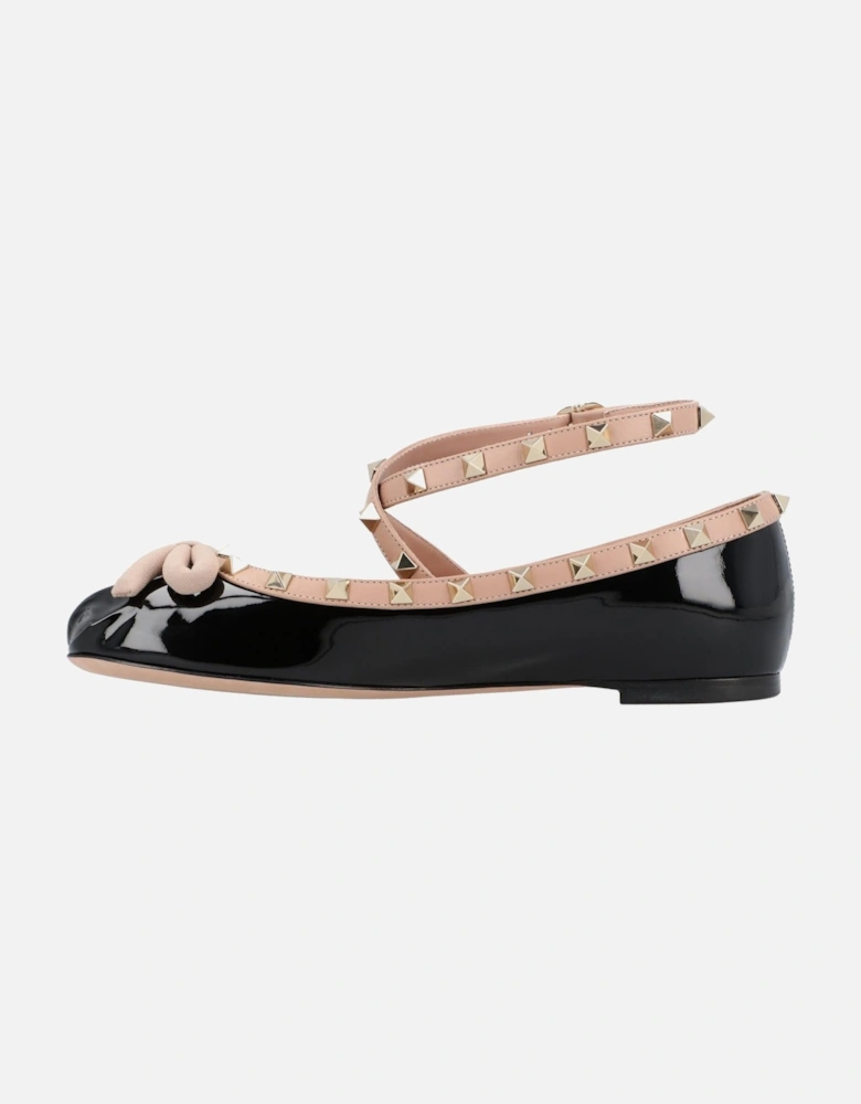Elegant Studded Ballet Flats with Ankle Strap and Bow Accent