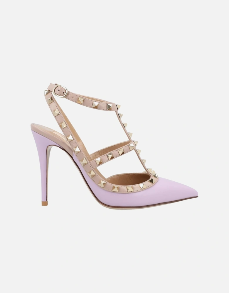 Studded Pointed Toe Stiletto Heel T-Strap Court Shoes Ankle Buckle Closure Elegant Pumps