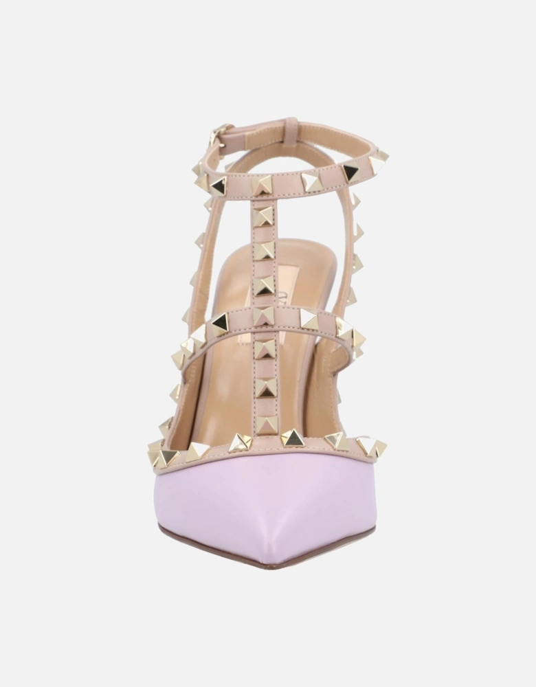 Studded Pointed Toe Stiletto Heel T-Strap Court Shoes Ankle Buckle Closure Elegant Pumps
