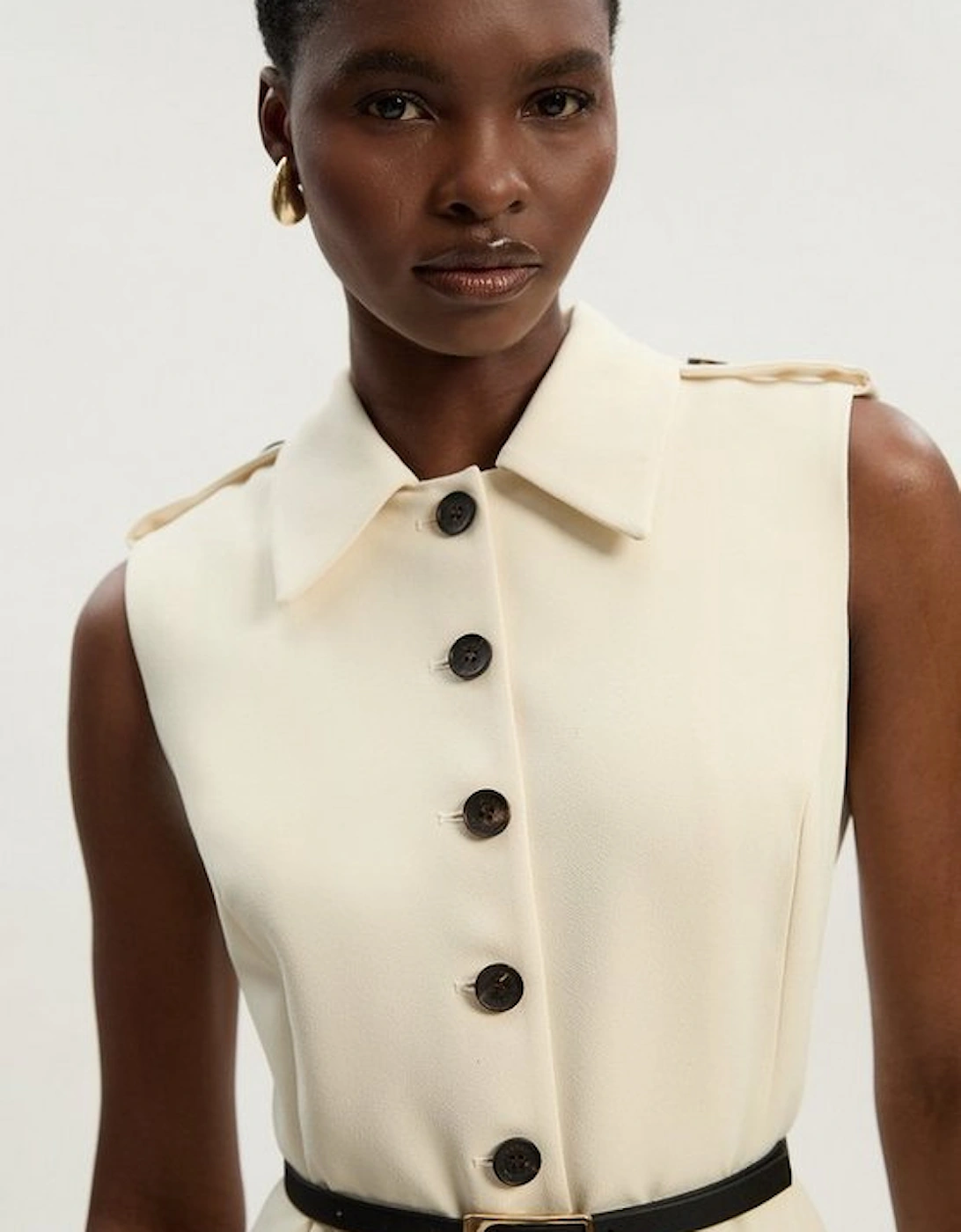 Tailored Crepe Sleeveless Button Front Tailored Shirt Midi Dress