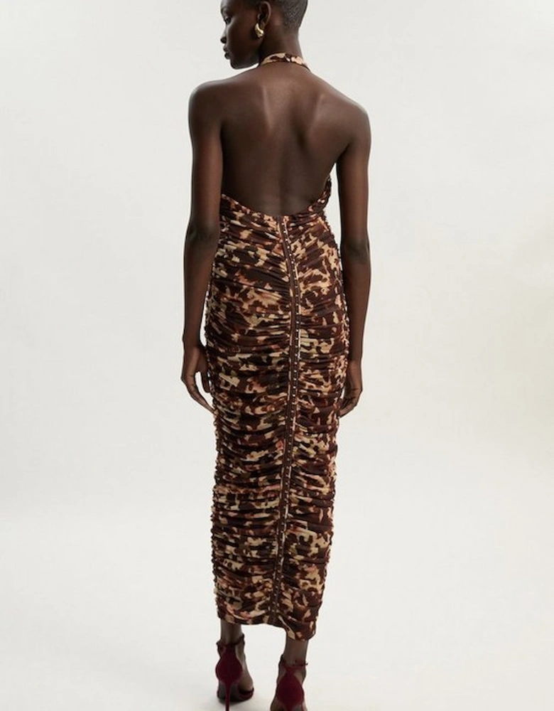 Leopard Print Plunge Halter Neck Mesh Midi Dress