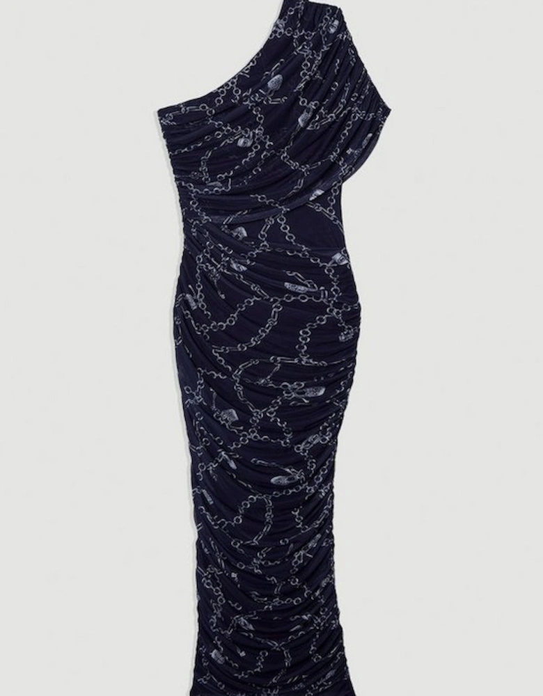 Chain Print Mesh One Shoulder Midi Dress