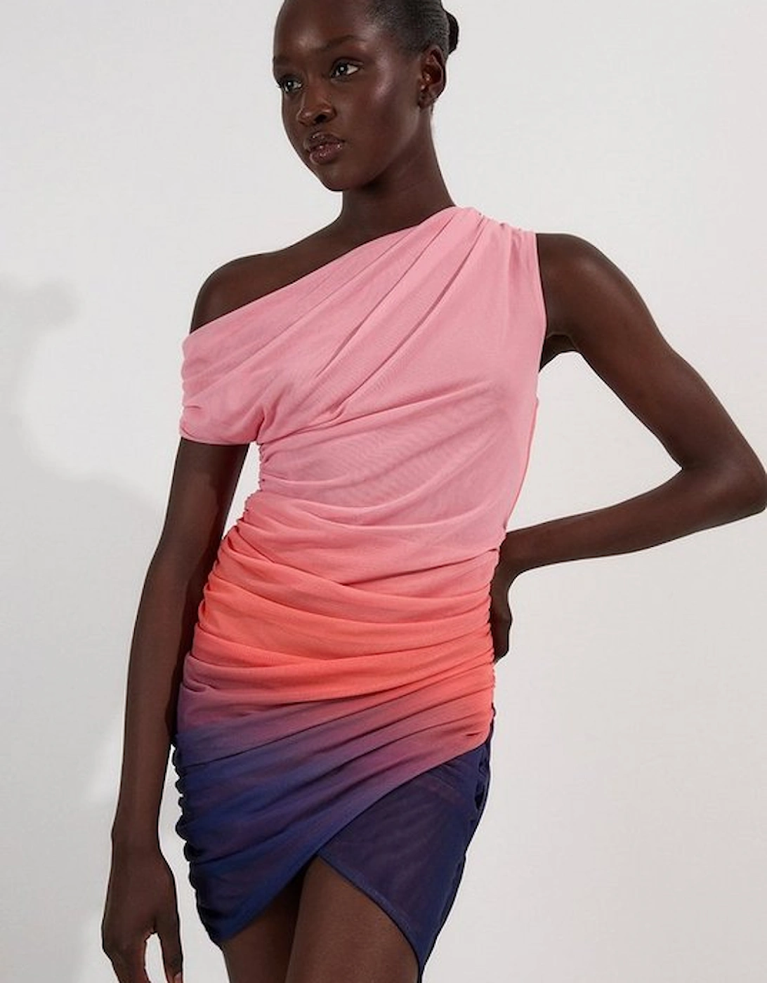 Sunset Ombre Mesh Asymmetric Draped Jersey Mini Dress