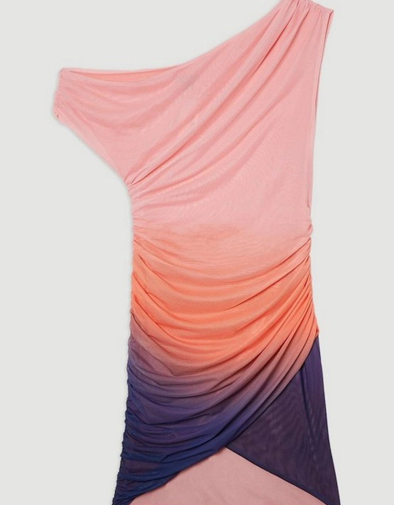 Sunset Ombre Mesh Asymmetric Draped Jersey Mini Dress