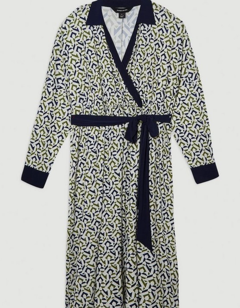 Plus Size Geo Print Crepe Tie Waist Maxi Dress