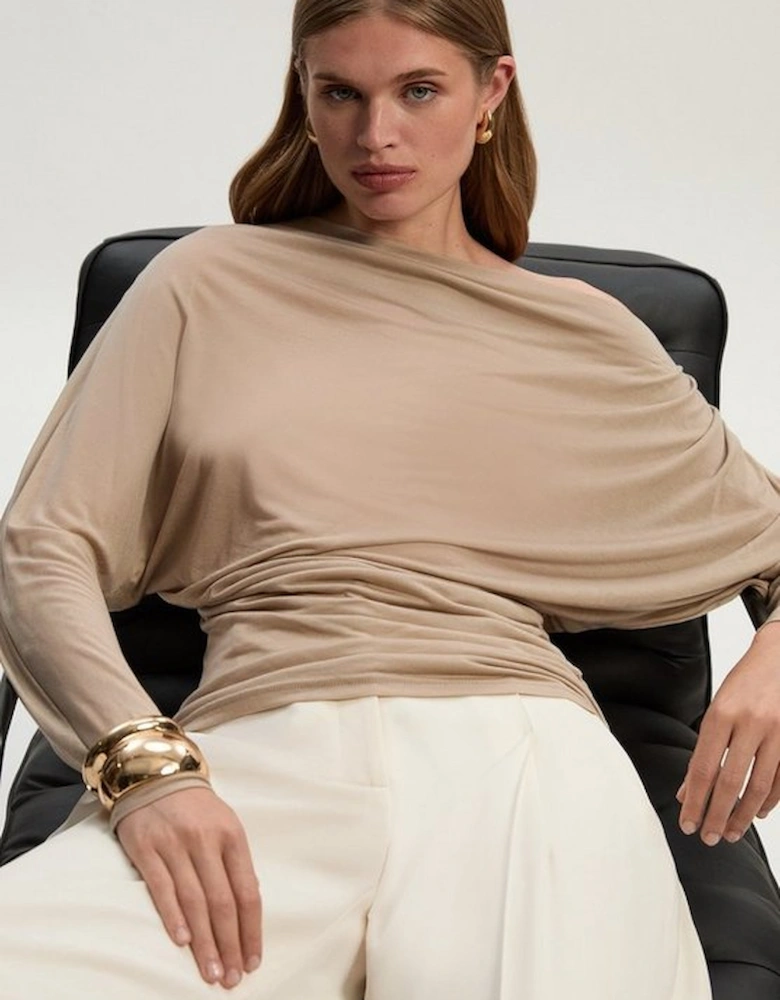 Tencel Ruched Asymmetric Neck Long Sleeve Top