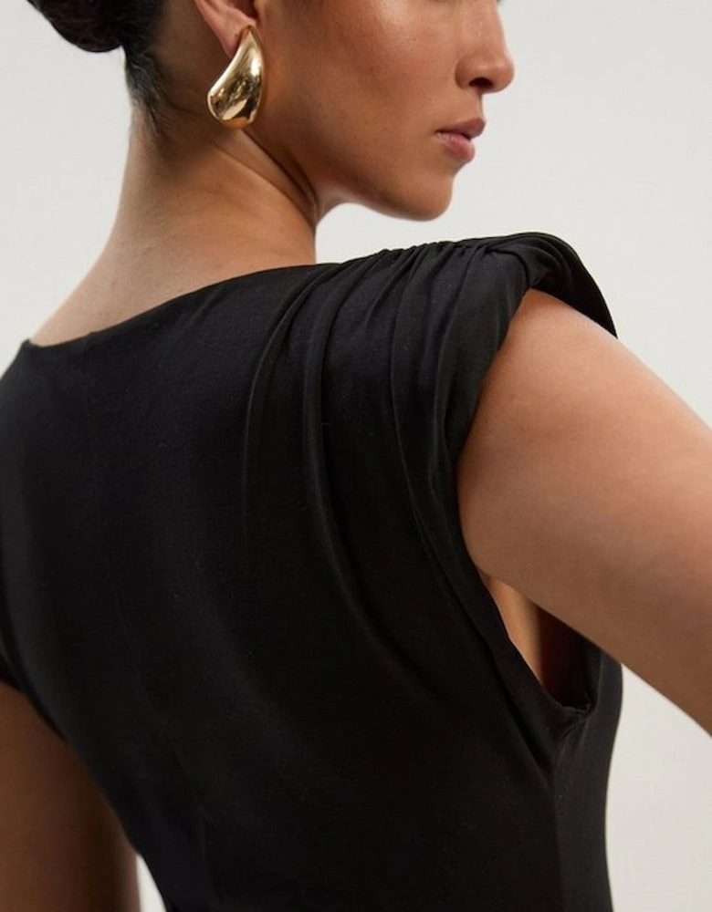 Stretch Jersey Power Shoulder Midi Dress