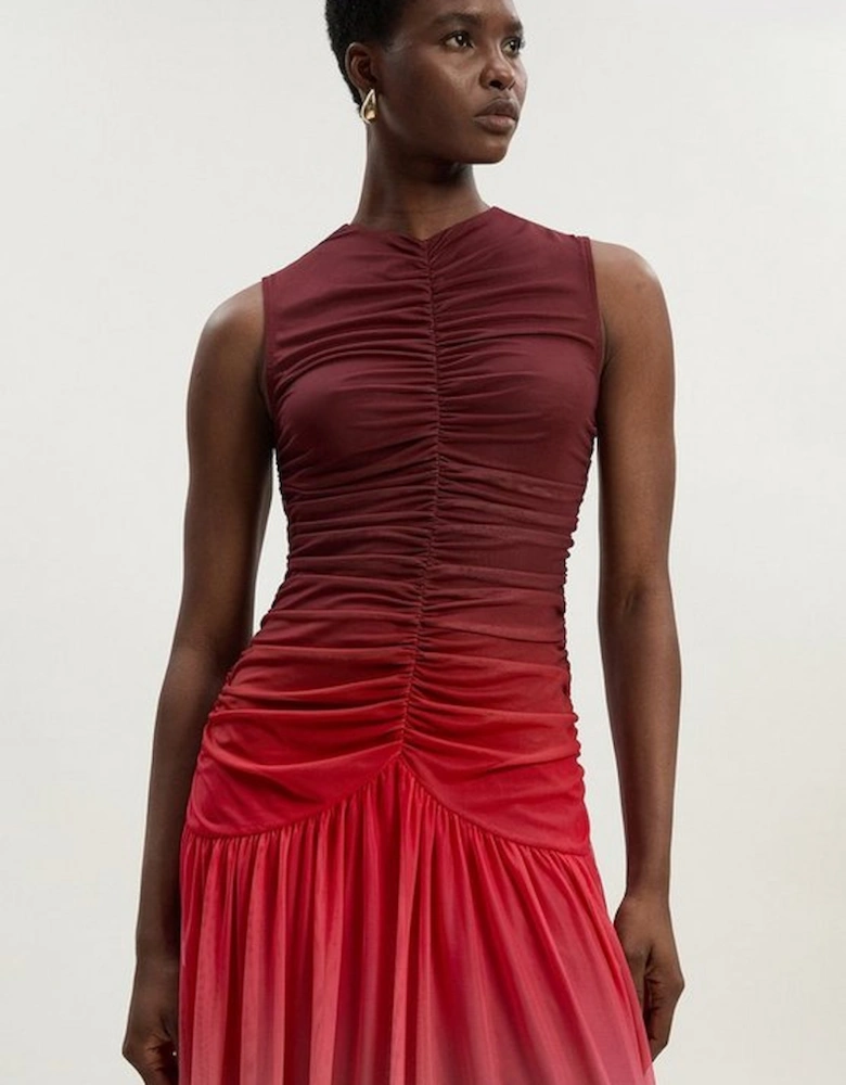 Ombre Rouched Jersey Sleeveless Mesh Maxi Dress