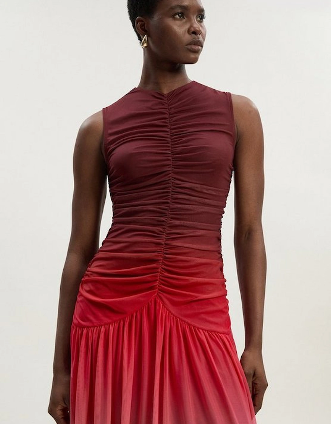 Ombre Rouched Jersey Sleeveless Mesh Maxi Dress