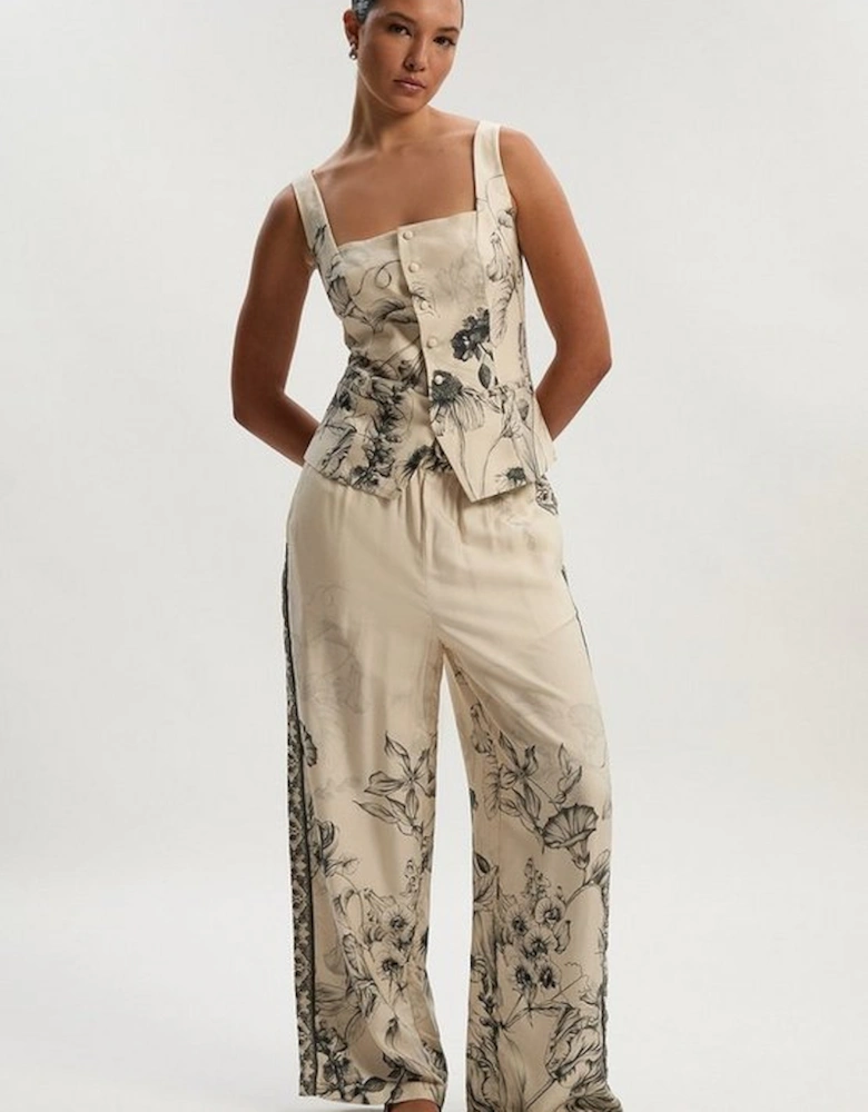Viscose Linen Scenic Placed Print Woven Wide Leg Trousers