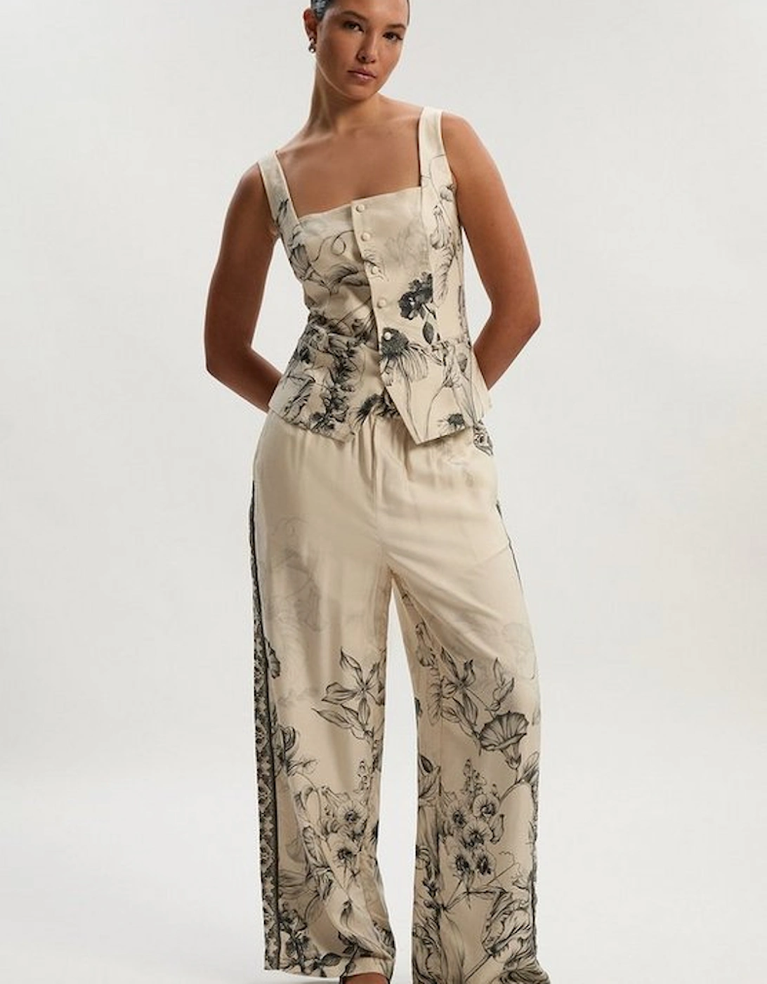 Viscose Linen Scenic Placed Print Woven Wide Leg Trousers