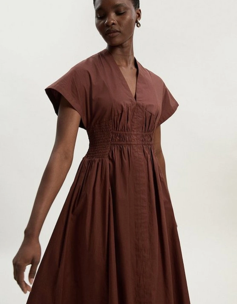 Shirred Cotton Woven Plunge Neck Short Sleeve Maxi Dress