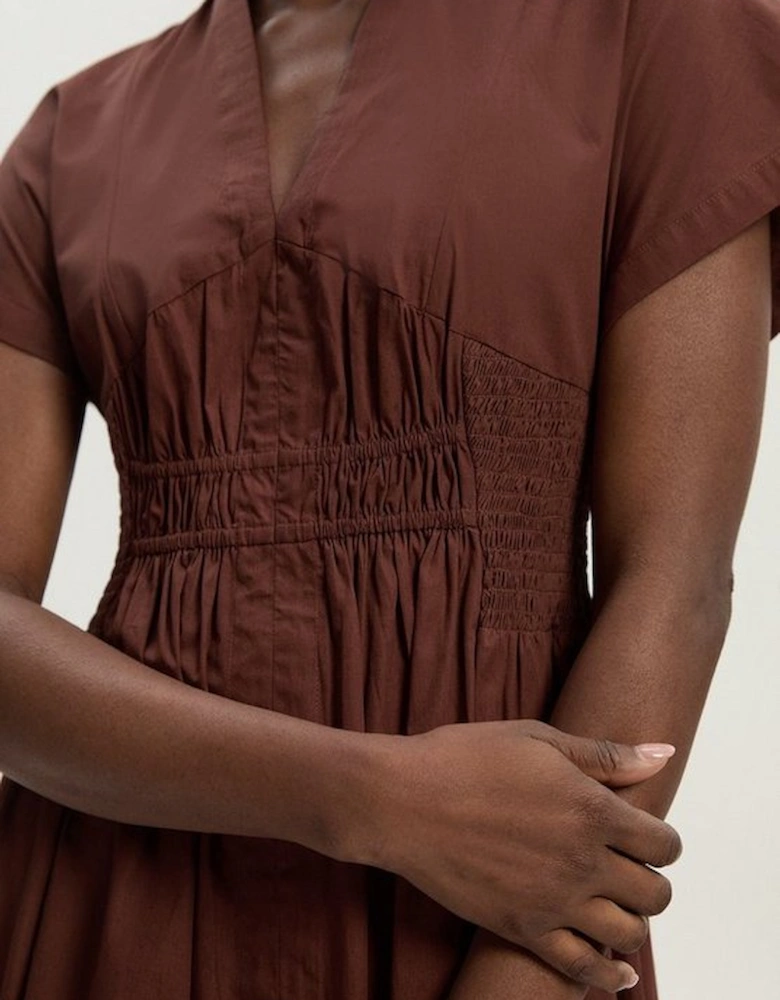 Shirred Cotton Woven Plunge Neck Short Sleeve Maxi Dress